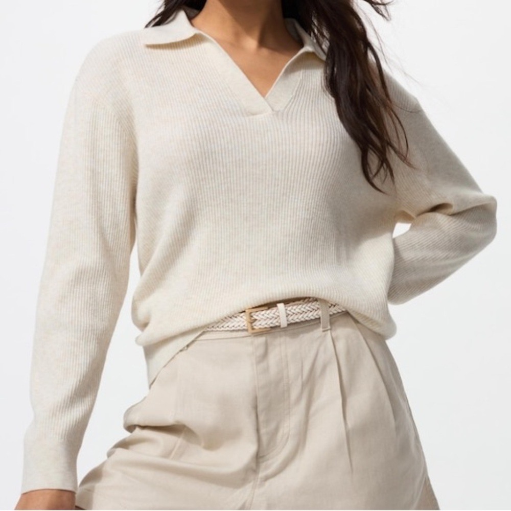 Uniqlo Polo Sweater - Cream Natural Washable Ribbed Knit Sweater